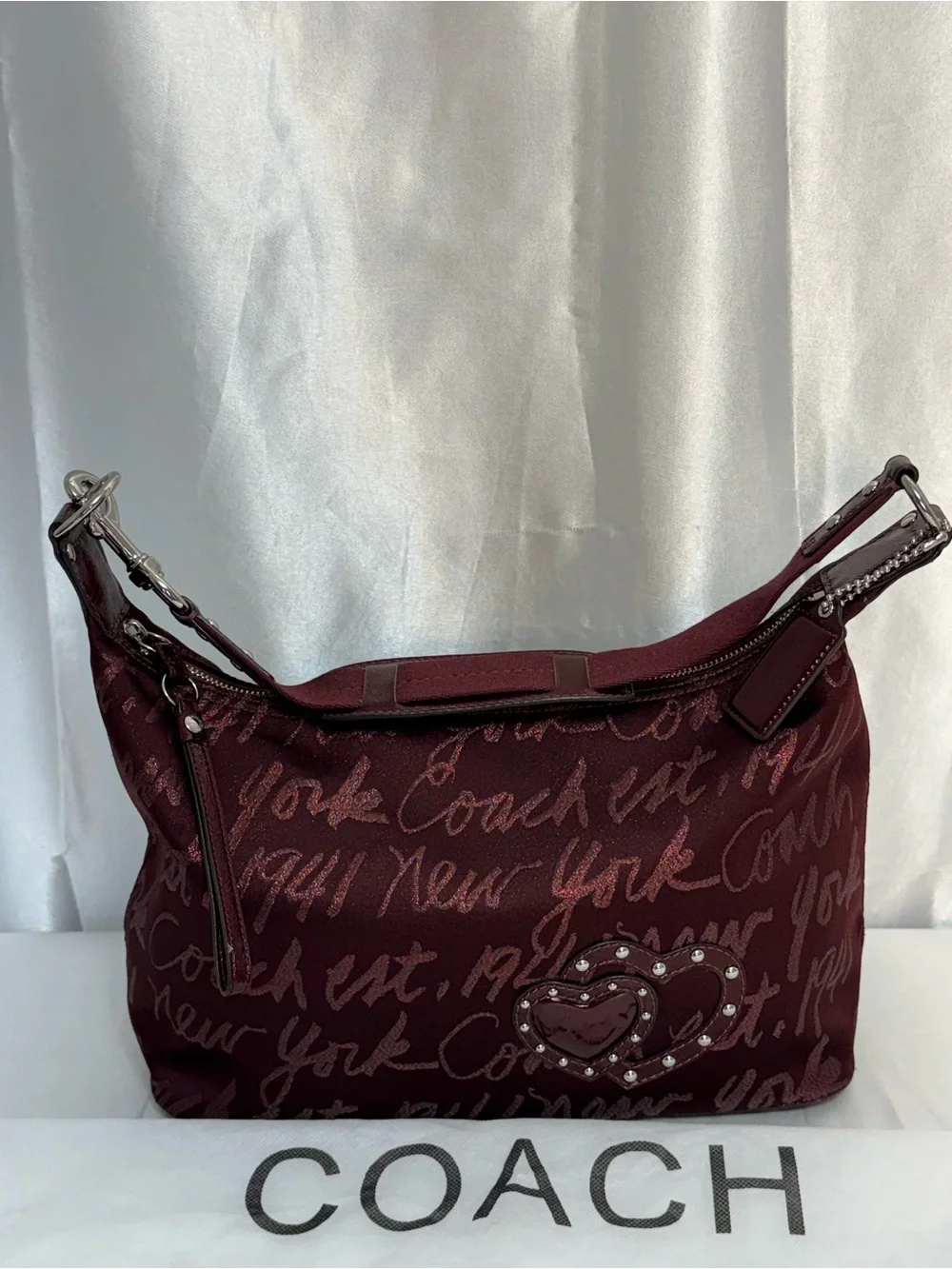 Coach Rare Limited Edition Holiday Poppy Signature Script Lurex Hobo Bag Merlot